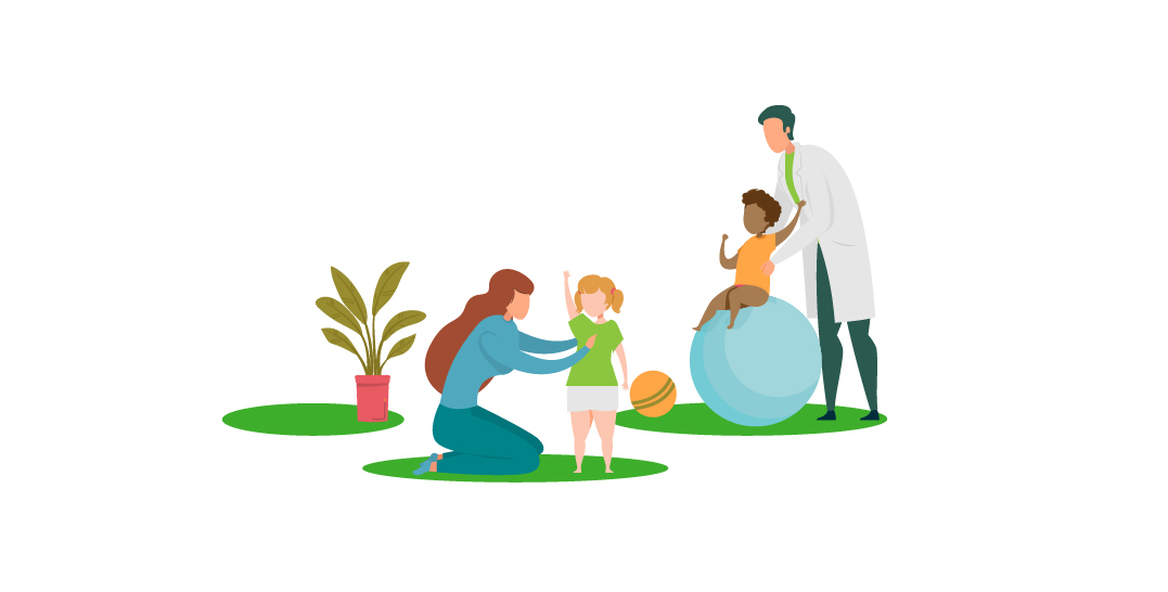 Illustration of adults working with special needs children