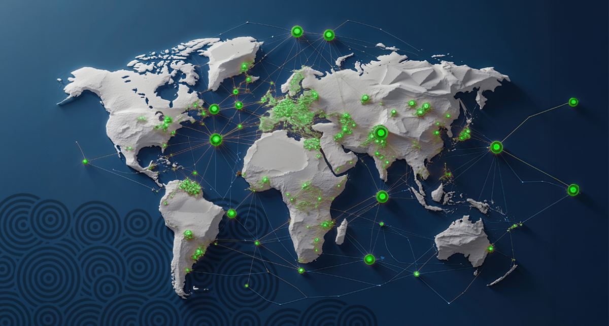 World map with green dots indicating all the different places data is stored and why it's important to choose the right financial planning software.